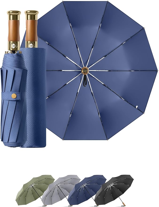 Rain Cats Large Umbrella 45 Inch diameter Umbrellas for rain Strong10 Ribs Fiberglass Windproof big Compact Automatic portable Folding Travel/Thick Fabric/Wood handle