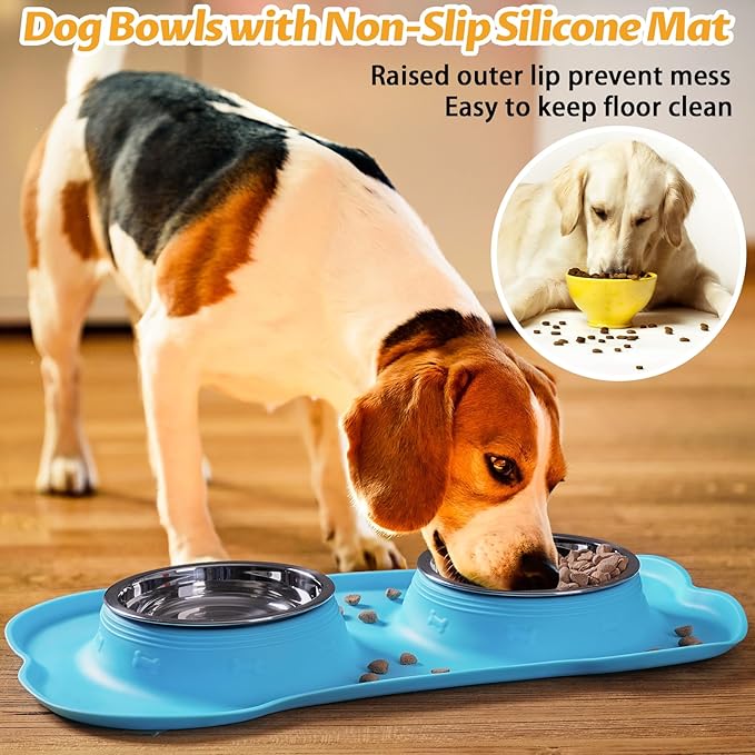 Hubulk Pet Dog Bowls 2 Stainless Steel Dog Bowl with No Spill Non-Skid Silicone Mat + Pet Food Scoop Water and Food Feeder Bowls for Feeding Small Medium Large Dogs Cats Puppies (Large, Turquoise)