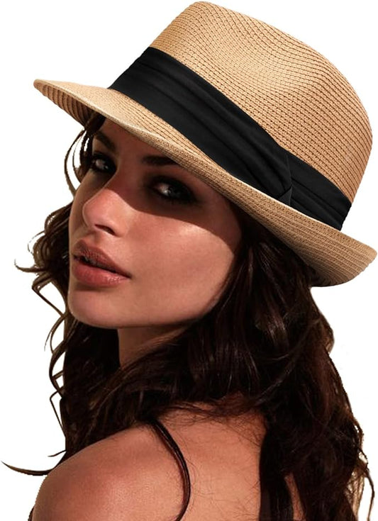 DRESHOW Women Straw Panama Hat Travel Fedora Beach Sun Hat Summer Wide Brim Straw Roll up Hat UPF 50+