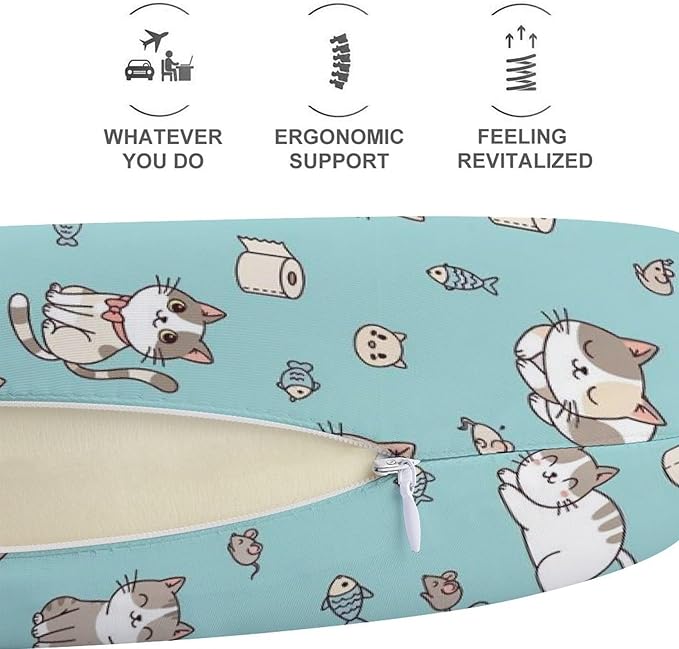 Memory Foam U-Shaped Travel Pillow Neck Pain Relief, Cute Funny Cats Mint Green Art U-Shape, Removable Cover Airplane Car Office
