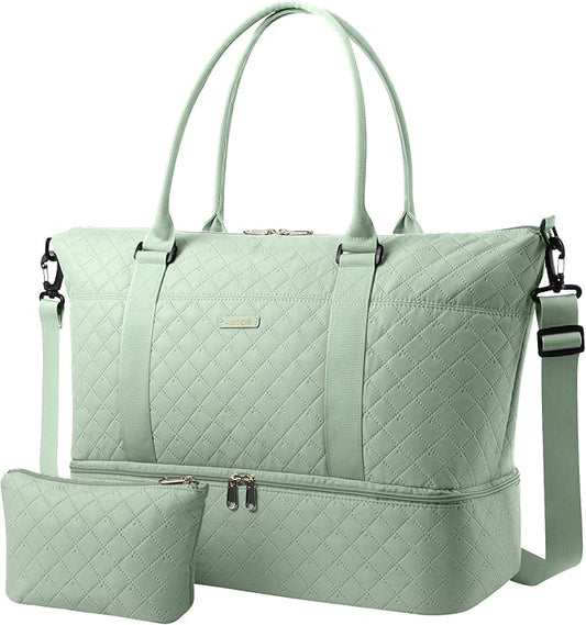 HOTOR Travel Duffel Bag - Weekender Bags for Women, Carry On Overnight Bag with Shoe Compartment, with Toiletry Bag for Travel Essentials and Travel Accessories, Green, 13.4"×17.3"×7.9"