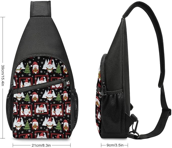 SWEET TANG Fashion Sling Backpack for Men Women, Lightweight Sling Shoulder Bag, Outdoor Chest Crossbody Bike Gym Runner Daypack with Adjustable Strap, Red Gnomes Snow Christmas