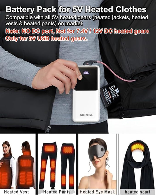 Power Bank Portable Charger 10000mAh PD 22.5W, 5V Battery Pack for Heated Vest & Heated Jacket, LED Display & USB-C Input/Output, Compatible for Smartphones, Tablets,Travel Essentials. (White)
