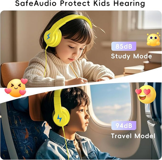 Kids Headphones, Wired Headphones for Kids Over Ear with Microphone, 85/94dB Volume Limiter Headphone for Girls Boys, Foldable Headphone for Learning & Entertainment, Yellow