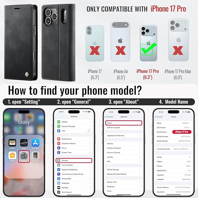 PlusnapX Wallet Case for iPhone 17 Pro Compatible with Magsafe, 2-in-1 PU Leather Flip RFID Blocking Card Holder Stand Shockproof Magnetic Detachable Cover for iPhone 17 Pro Case 6.3", Black