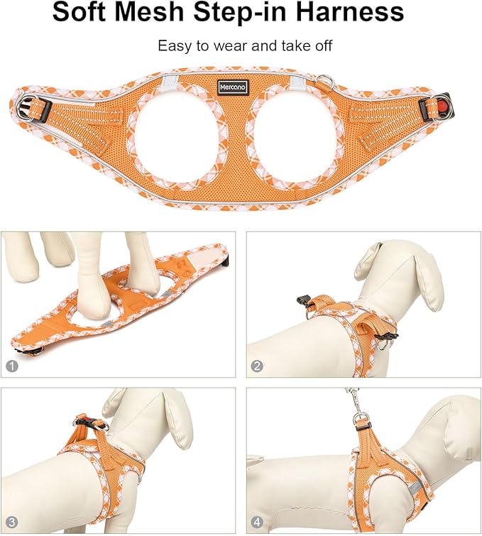 Mercano Soft Mesh Dog Harness and Leash Set, No-Chock Step-in Reflective Breathable Lightweight Easy Walk Vest Harnesses with Safety Buckle for Small Dogs, Cats (Orange, M)