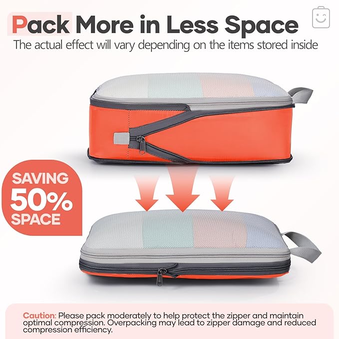 Veken 9/11 Set Compression Packing Cubes for Travel Essentials,Compressible Expandable Large Luggage Suitcase Organizer Bags for Clothing,Durable Space Saver Storage Bags with Toiletry Bags(Orange)