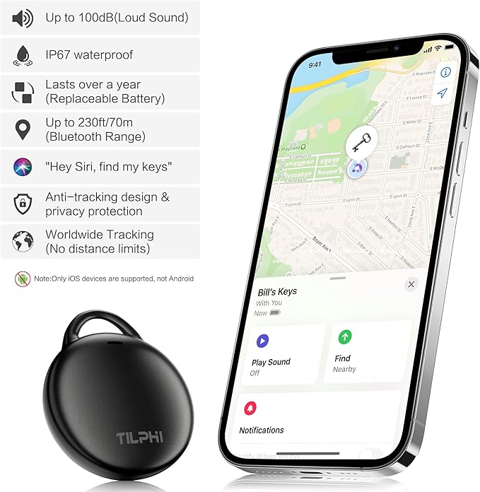Air Tracker Tags-4 Pack: Bluetooth Tracker Works with Apple Find My (iOS Only), Key Finder and Smart Tag Locator for Luggage, Backpack, Suitcases, Pets, Replaceable Battery(Black)