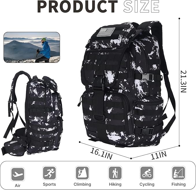 HongXingHai 50L Military Tactical Backpack 3 Day Assault Pack Molle Daypack Hiking Backpack for Men and Women (Black-White Lightning)