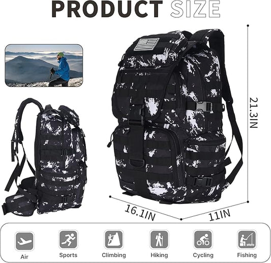 HongXingHai 50L Military Tactical Backpack 3 Day Assault Pack Molle Daypack Hiking Backpack for Men and Women (Black-White Lightning)