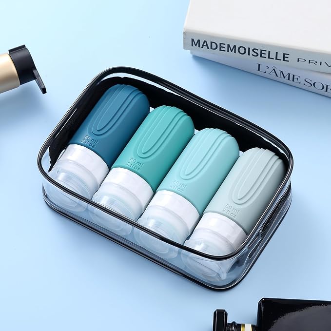 Travel Bottles for Toiletries, Tsa Approved 2oz Travel size Bottles, BPA Free Leak Proof Travels Toiletry Containers, Traveler Accessories with Toiletry Bag for Shampoo Liquid (4 Pack)