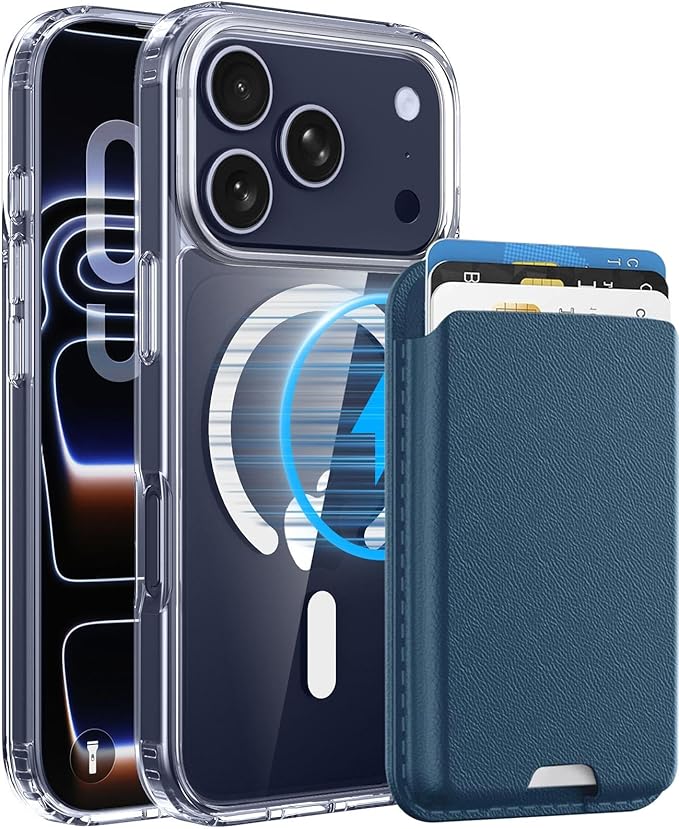 Ntwinro Magnetic for iPhone 17 Pro Clear Case (Compatible with MagSafe) with Blue Detachable Wallet & Card Holder for 3 Cards [RFID Blocking] Military Grade Protective Slim Phone Cover