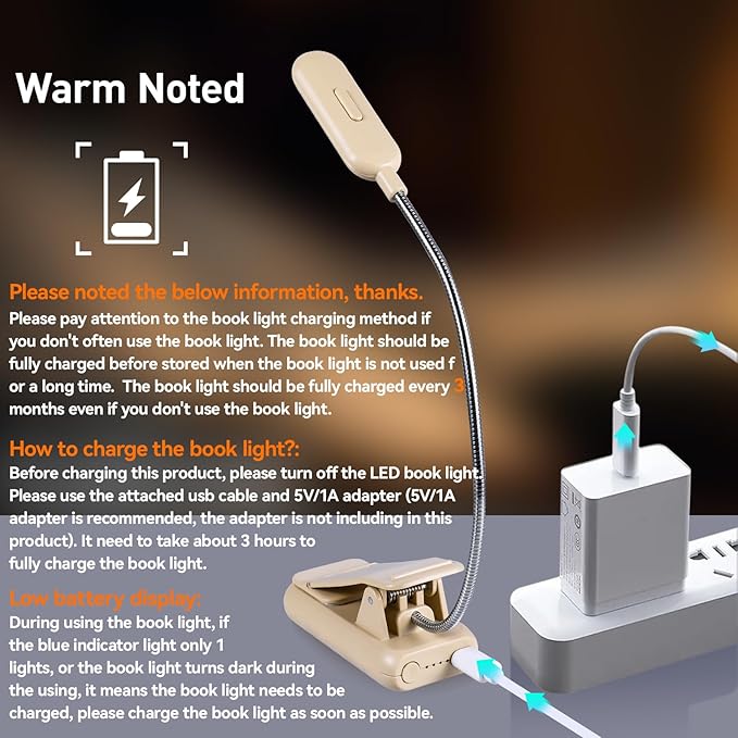 VAVOFO Rechargeable Book Light for Reading in Bed Kids, 7 LED Reading Light with 9-Level Warm Cool White Daylight, Eye Care Lamp with Power Indicator for Bookworms (Khaki)
