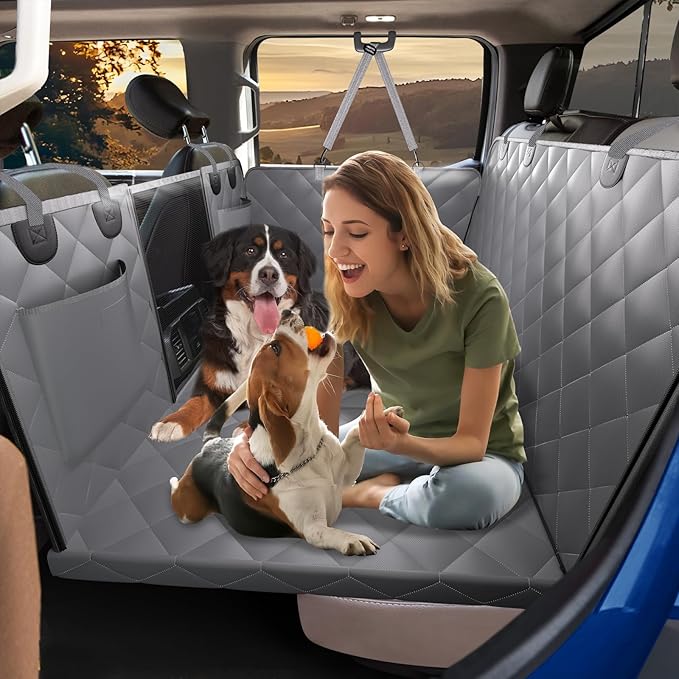 XL Truck Back Seat Extender for Dogs, Dog Seat Cover Back Seat Supports 420lbs, Hard Bottom Pet Seat Covers for Crew Cab Trucks, Dog Hammock for F150, RAM1500, Sierra, Tundra, Silverado, Titan Grey