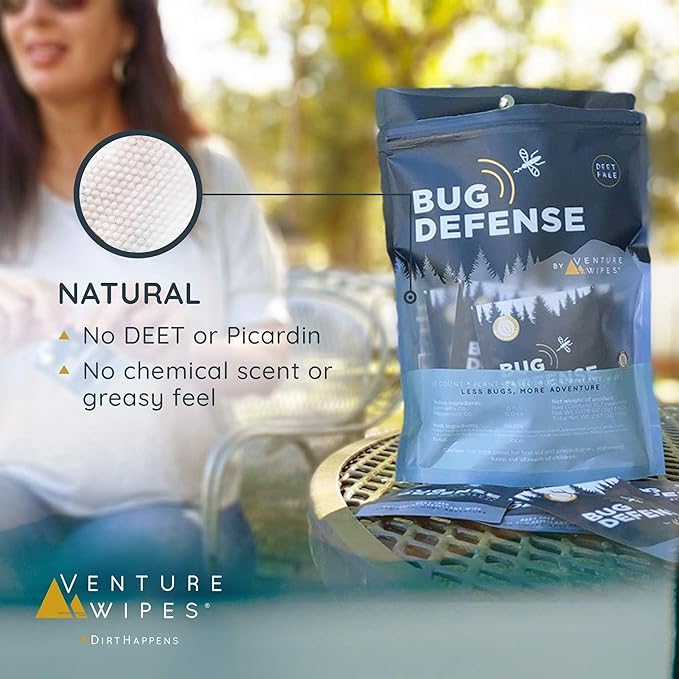 Venture Wipes Natural Mosquito Repellent Wipes - Travel Size Bug & Insect Repellent Wipes w/Citronella, Peppermint & Rosemary - DEET-Free Mosquito Repellant for Travel, Outdoor & Patio- 15 Count Bag