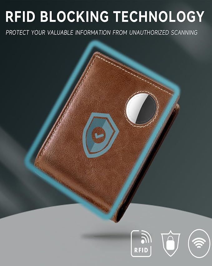 Mens Wallet with AirTag Holder, Genuine Leather Bifold RFID Blocking Wallet for Men - 2 ID Window 13 Cards Holders 1 Gift Box, AirTag Not Included