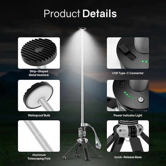 Telescopic Camping Light, Rechargeable Camping Lantern with 20000mAh Battery, Portable Camp Light Outdoor Waterproof with 3 Modes, Camping Light for Emergency, Camping, Hiking(Bag Included)