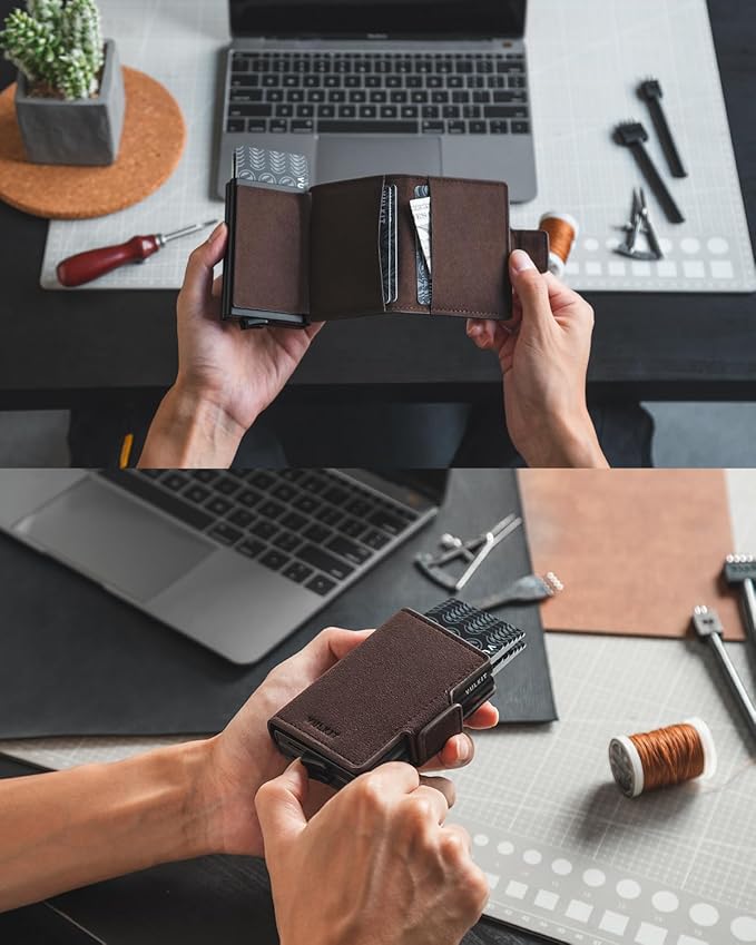 VULKIT Credit Card Holder RFID Blocking Leather Automatic Pop Up Wallet Magnetic Wallet Double Card Case for Men and Women