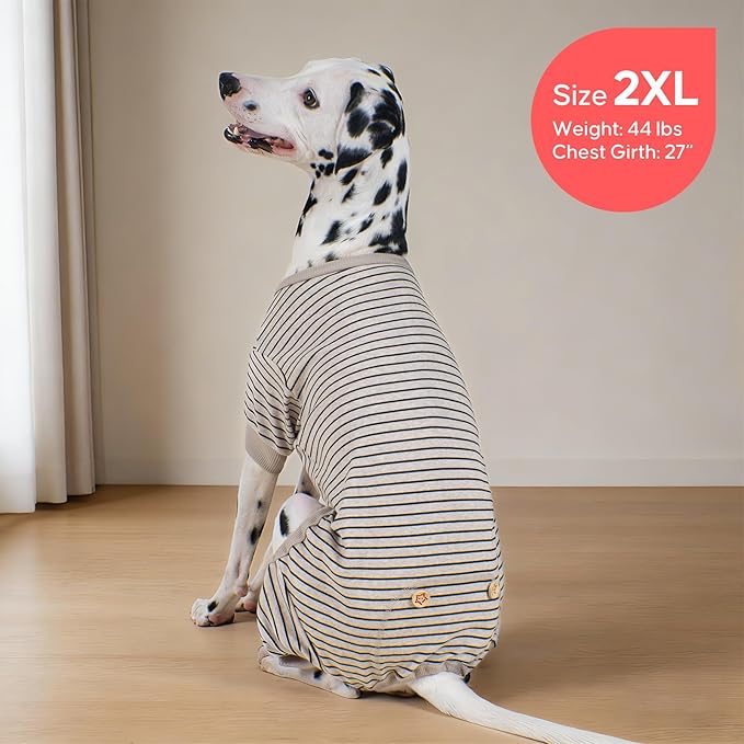 KYEESE Dog Pajamas, Striped Pet PJS Lightweight Doggie Jammies, 4 Legs Outfit Soft Dog Pajamas, Cozy Pet Clothes Onesie, Comfortable PJS for Large Dogs, Ivory Brown Striped, 3XL