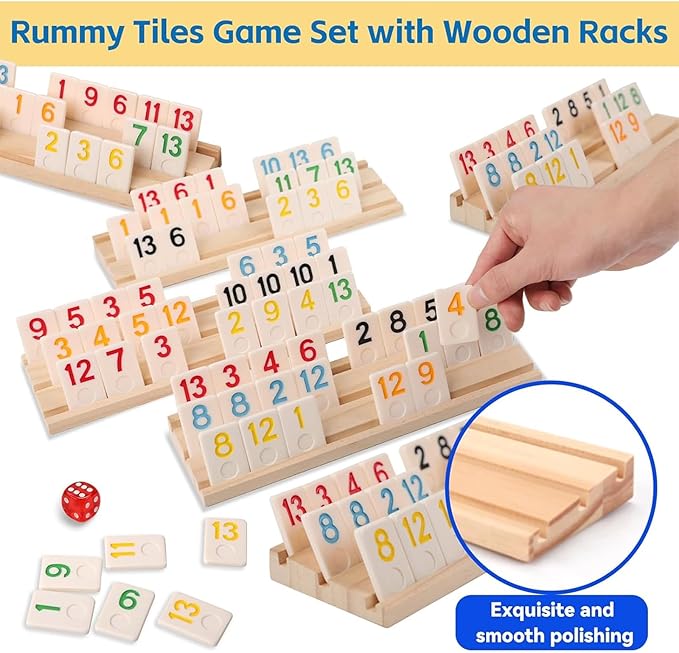 Premium Rummy Cube Game Set 6 Colors with 6 Wooden Holders and 162 Rummy Tiles, Travel Family Board Game for Adults and Kids Age 8+,Birthday Gifts for Women Men Dad Mom