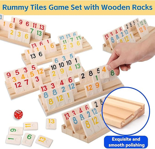 Premium Rummy Cube Game Set 6 Colors with 6 Wooden Holders and 162 Rummy Tiles, Travel Family Board Game for Adults and Kids Age 8+,Birthday Gifts for Women Men Dad Mom