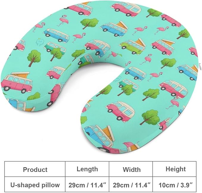 Travel Neck Pillow Memory Foam U Shaped Cushion Happy Camping Flamingo Mint Green, Washable Cover for Airplane Car Office Home Sleeping Pain Relief