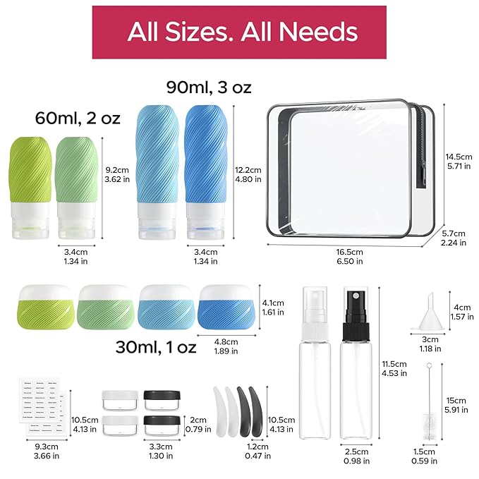 LitBear 23 Pack TSA Approved Travel Bottles for Toiletries, Leak Proof Refillable Travel Size Containers Kit with Silicone Squeezable Bottles Jars for Shampoo Lotion Conditioner, in Clear Bag, Blue