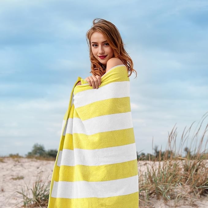 Cotton Oversized Beach Towel - 40 x70 Inch Extra Large Striped Pool Towel, Big Soft Terry Cloth Yellow Cabana Swim Towel