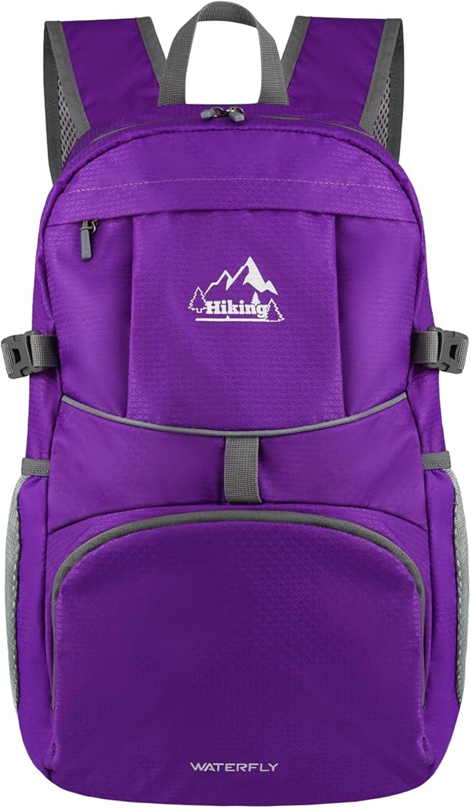 WATERFLY Hiking Packable Daypack Backpack: 35L Ultra Lightweight Day Pack for Woman Man - Large Compact Folding Back Pack for Outdoor Sport Cycling Camping Travel Trip - Purple