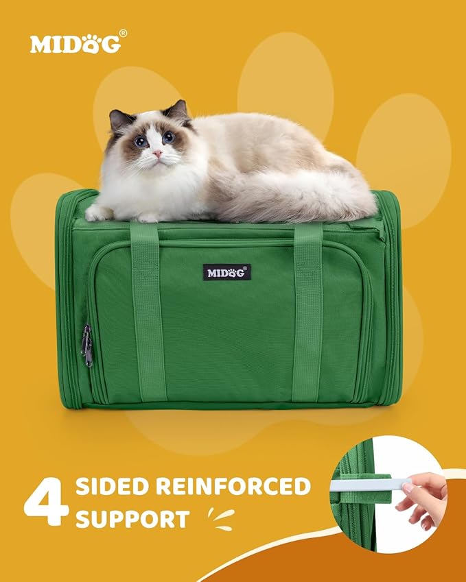 MIDOG Cat Carrier Soft, TSA Approved Airline Travel Carrier for Cats and Small Dogs, Under Seat Pet Bag with Expandable Space & Escape-Proof Zippers (Olive)