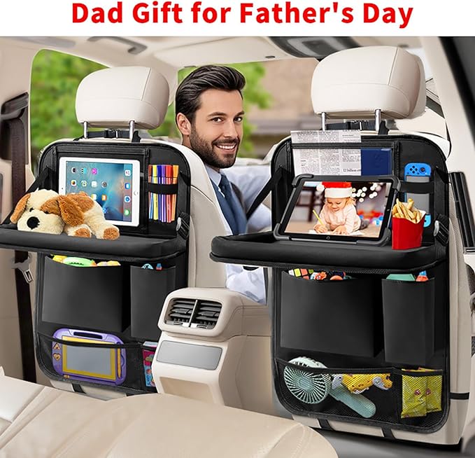 Etre Jeune Car Backseat Organizer with Tablet Holder, 6 Storage Pockets Foldable Table Tray Seat Back Protectors Kick Mats Travel Accessories, 2 Pack Black