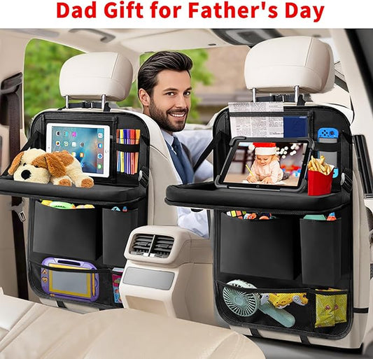 Etre Jeune Car Backseat Organizer with Tablet Holder, 6 Storage Pockets Foldable Table Tray Seat Back Protectors Kick Mats Travel Accessories, 2 Pack Black