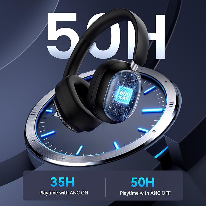 Hybrid Active Noise Cancelling Headphones, Over Ear Bluetooth 6.0 Wireless Headphones, 50H Playtime, Deep Bass, HiFi Stereo Sound（Black）