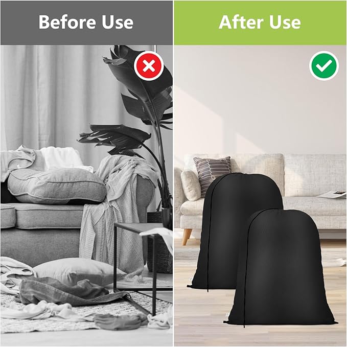 OTraki 20 x 24 inch Laundry Bag 2 Pack Travel Laundry Bags Medium Washable Dirty Clothes Bag Organizer with Drawstring Closure for Camp Home College Dorm Fit Laundry Hamper or Basket Black