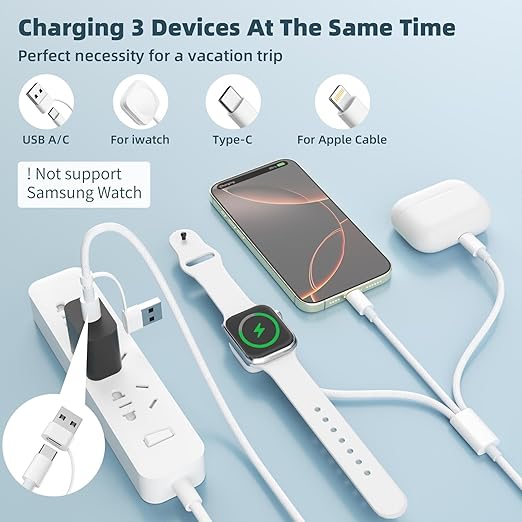 Travel Charger for Apple Watch, 3 in 2 Multi Charging Cable/Cord with Lightning/USB C/iWatch Charger, Travel Chargers for Multiple Devices, Compatible with iWatch Series/iPhone 17-8/iPad/AirPods 4FT