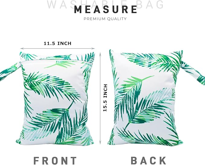 Wet Dry Bag Waterproof Reusable Wet Bag for Swimsuit, Travel, Beach, Pool, Bathing Suit, Diapers, Dirty Yoga Gym Clothes Daycare Organizer One Zippered Pocket (green leaf 2)