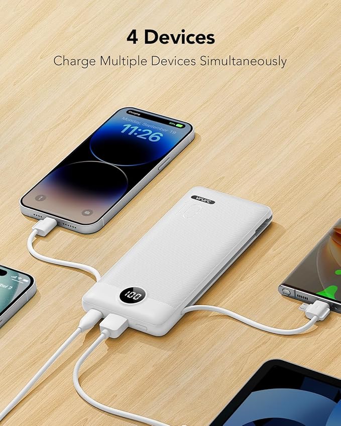 VRURC Portable Charger with Cables and Wall Plug | Power Bank with Cords | 10000mAh Portable Charger with AC Plug | External Battery Pack (Pure White)