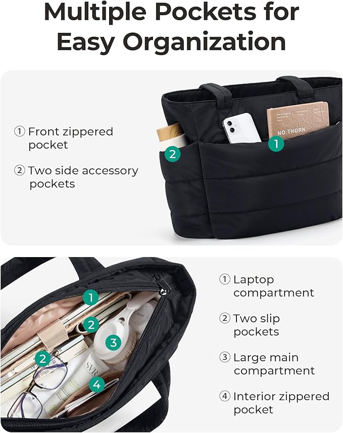 BAGSMART Tote Bag for Women, Lightweight Puffy Tote Bag with Compartments Shoulder Bag Handbag for Travel, Work, Gym
