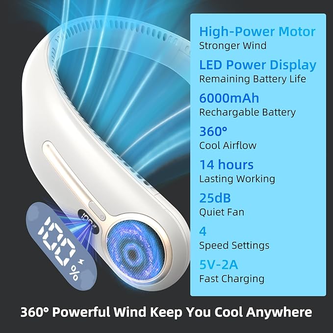 Portable Neck Fan,Hands Free Personal Wearable Bladeless Fan,6000mAh USB Rechargeable,360° Cooling,LED Display,4-Speeds,Birthday Gifts for Men Women Dad Mom,Christmas Gifts (Light grey)