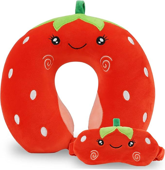 Kids Neck Pillow for Travel with Sleep Eye Mask, Cute Travel Neck Pillow, Memory Foam Flight Sleeping Headrest Pillow for Boys & Girls, Airplane, Train, Car, Home Use - Red Strawberry