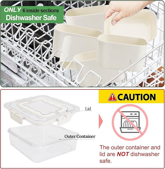 SMALL Divided Serving Tray with Lid and Handle, Portable Snack Box Container, 6 Compartments Veggie Fruit Snackle Tray,Charcuterie Box Container for Party, Travel, Entertaining,Picnic, SMALL SIZE