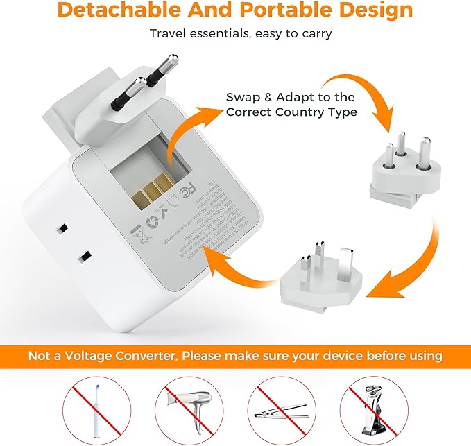 TESSAN All European UK Travel Plug Adapter Kit, International Detachable with 3 Outlet 3 USB(1 USB C), Type C/G/E/F/M EU Power Adaptor, US to Europe Greece Italy South Africa Spain Ireland
