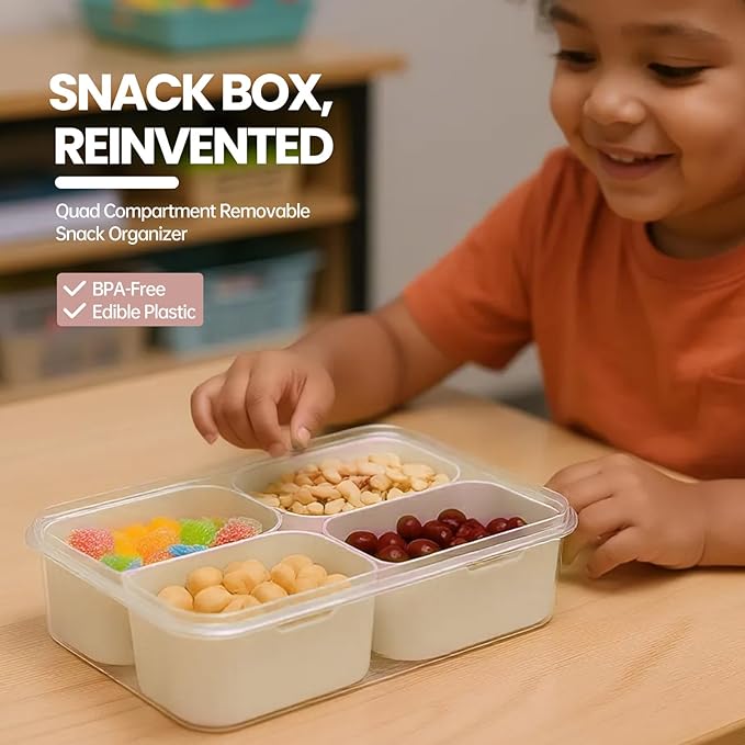 Snackle Box Container, Upgrade Dishwasher,Safe Snack Box for Adult Kids, 4 compartments Plastic Divided Serving Tray with Lid and Handle for Candy, Fruits, Snacks, Nuts,Small,White,1 Pack
