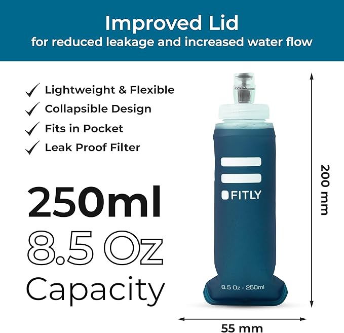 FITLY Soft Flask - Shrink As You Drink Soft Water Bottle for Hydration Pack - Folding Water Bottle Ideal for Running, Hiking, Cycling, Climbing & Rigorous Activity