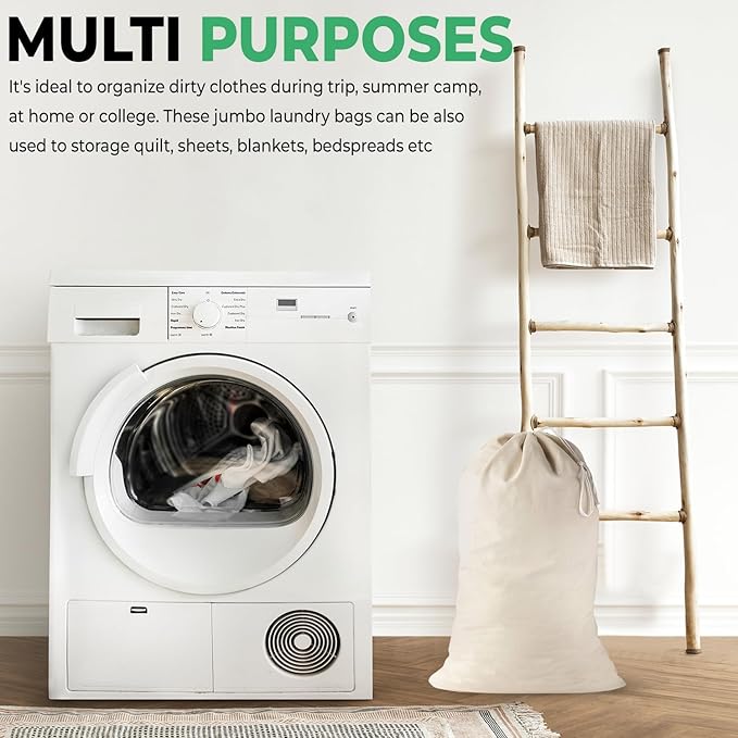 4 Pack - Extra Large Cotton Laundry Bag, Heavy Duty Large Laundry Bags 24 x 36 inch XL Drawstring Travel Organizer Bag Fit Hamper Basket Camp Home College Dorm Tear Resistant Dirty Cloth Big Storage