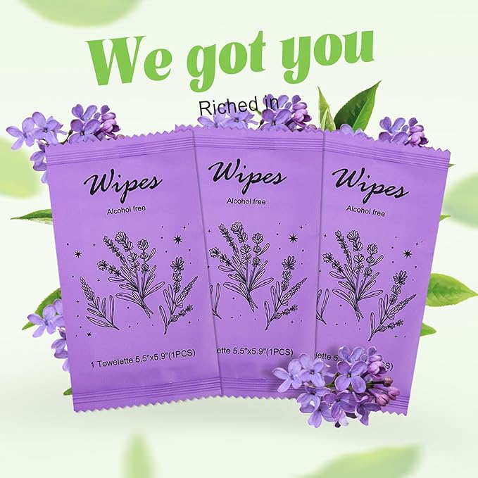 Individual Hand Wipes Wet Wipes Travel Size,Wet Wipes Individually Wrapped Bulk Cleansing Travel Size Wipes for Wedding Travel Restaurant Barbecue (1 Count (Pack of 60), Lavender)