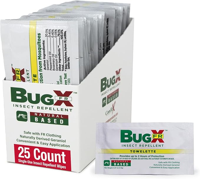 CoreTex Bug X FR DEET-Free Insect Repellent Wipes - Pack of 25 Single-Use, Naturally Derived Geranium Oil Bug Wipes - Protects Against Mosquitoes - Travel Size Mosquito Repellent Towelettes