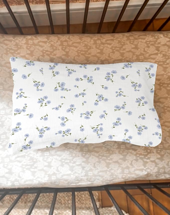 Toddler Pillowcases for 13"x18" Pillow 2 Pack, Muslin Small Toddler Baby Kids Travel Pillow Covers for Boys Girls with Envelope Closure (Flower I & Light Blue, 13 x 18 Inch)