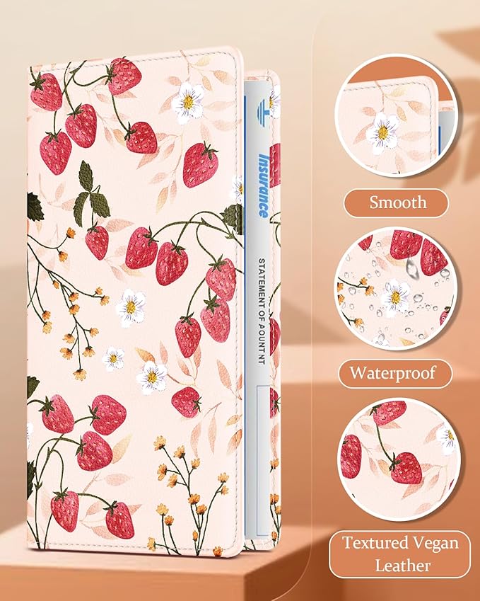 Slohif Car Registration and Insurance Holder - Strawberry Vehicle Glove Box Organizer Women with Magnetic Shut Leather Automobile License Holders Coasters Auto Accessories Case for Document