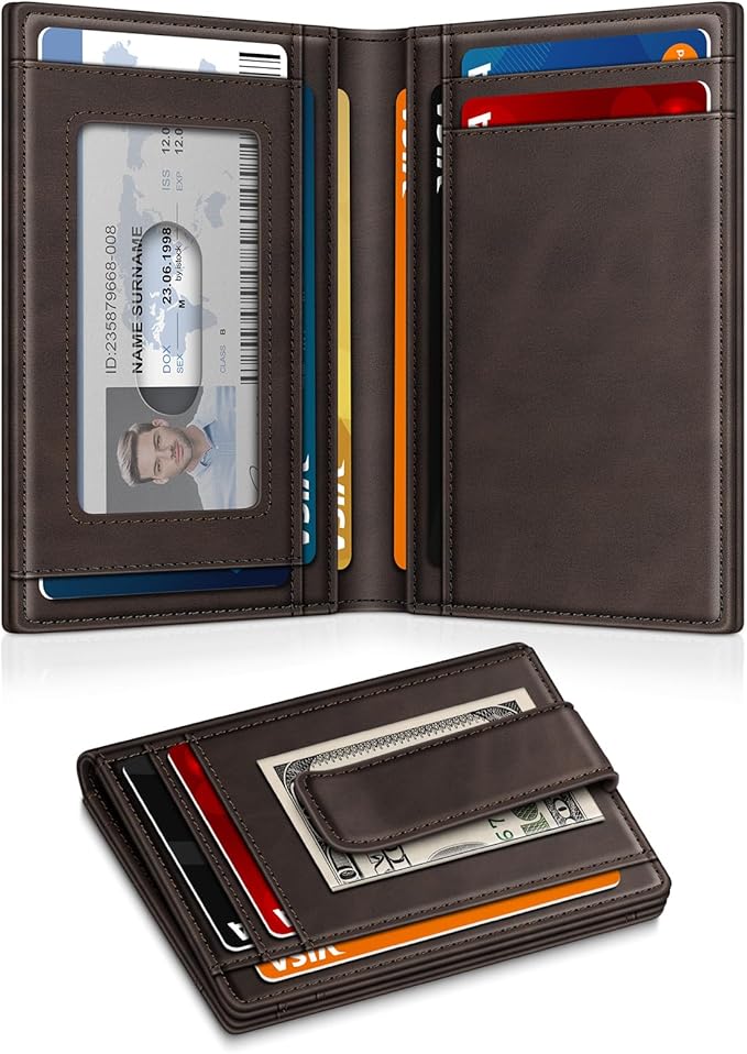 Gtwup Wallet for Men 14-16 Cards, Men's Leather Wallet, Minimalist Thin Card Holder RFID Blocking Money Clip with Simplified Bill Folder & Magnetic Closure, Gifts for Men, Coffee Brown